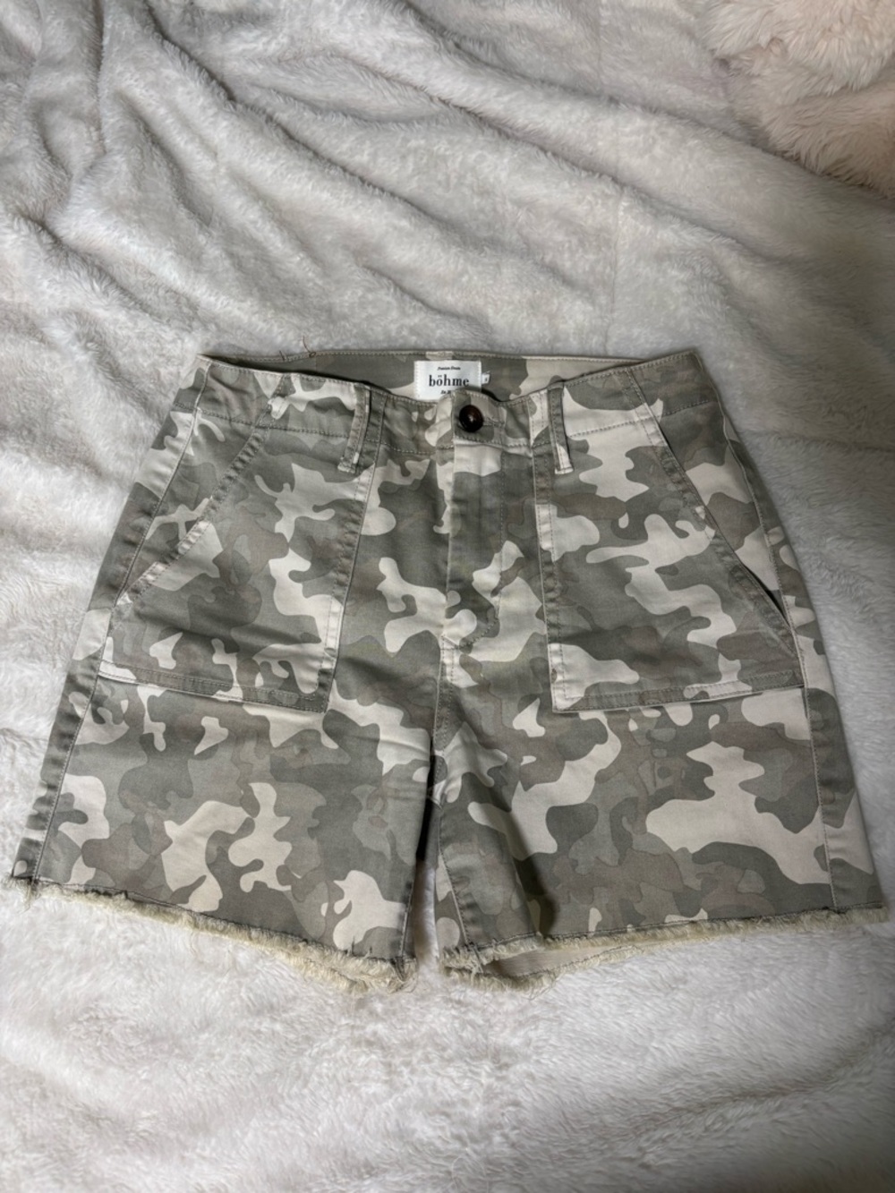 bohme Olive & Beige Camo Utility Jean Cotton Natural Fiber Shorts